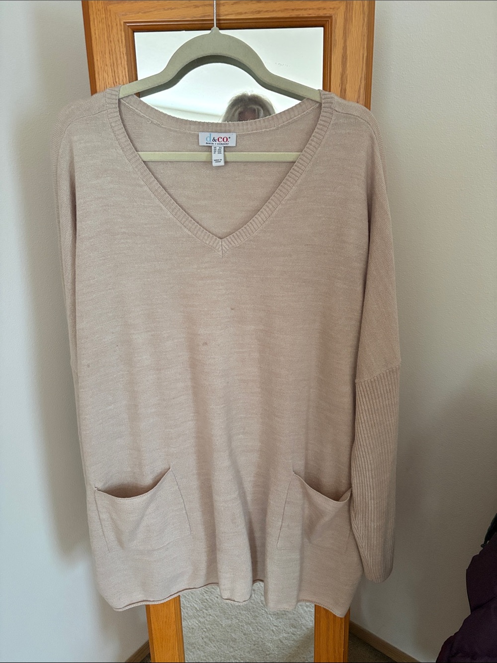 DG2 by Diane Gilman V-Neck Pocket Sweater in Light Beige 3X